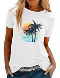 PASUDA Camiseta Mujer Manga Corta Algodón Verano Tops Casual Camisetas Cuello Redondo T Shirt Camisa Básica tee Top con Estampado de Cocoteros (Blanco Palmeras Atardecer, XL)