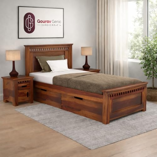 Image of Solid Sheesham Wood Single Size Bed with Drawer Storage | Single Size Cot Bed Wooden with Storage Headboard for Living Room, Bedroom | Teak Brown Finish