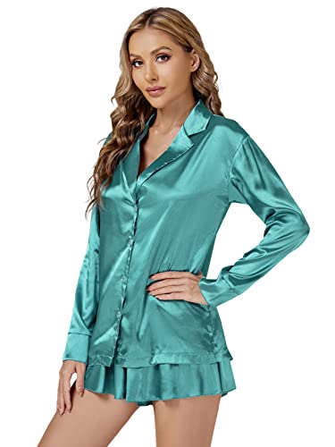 Lyaner Women’s 3 Pieces Satin Cami Shorts Pajamas Rope Set Crop Sleepwear Lingerie Loungewear Set Turquoise Small #TOP3
