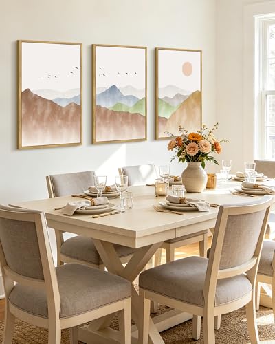 KUVIOKE Mountain Landscape Framed Wall Art Watercolor Nature Painting Boho Sun Rise Prints Farmhouse Rustic Home Decor Ready to Hang 16x24in (Natural Framed) — view 5
