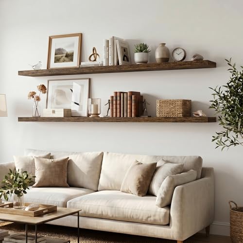 Image of Fun Memories 12 Deep Floating Shelves for Wall, 55W x 12D Extra Large Floating Shelves Set of 2, Hanging Wood Wall Shelves for Living Room, Kitchen, Bedroom, Farmhouse, Laundry Room, Office - Brown