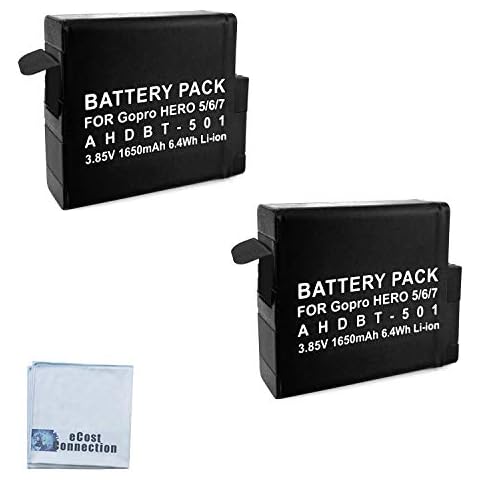 eCostConnection 2 Replacement Batteries AHDBT 501 for GoPro Hero 5, 6, 7 Silver and Black Edition Includes Microfiber Cloth Cover