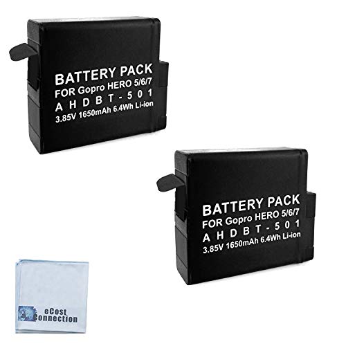 eCostConnection 2 Replacement Batteries AHDBT 501 for GoPro Hero 5, 6, 7 Silver and Black Edition Includes Microfiber Cloth