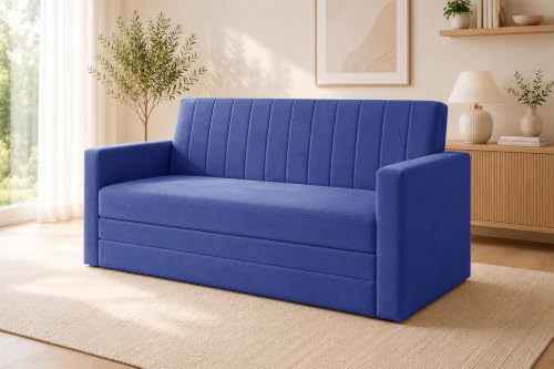 Image of Los Angeles Modern Velvet 3-Seater Sofa Cum Bed with Armrest, Multipurpose Convertible Sleeper Couch Sofa for Living Room, Bedroom & Office- Blue Color