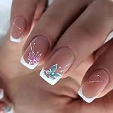 ANDGING French Tip Press on Nails Short Medium Square White fake on Nails with Butterfly Design Acrylic Fake Nails for Wedding False Nails Women Girls Gel Manicure Stick on Nail with fake FSD88AL