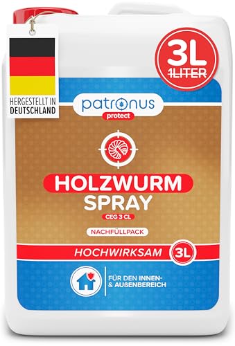 Patronus Holzwurm Spray [3 Liter] mit effektiver Sofortwirkung starkes Abwehr-Mittel gegen Holzwürmer in Möbeln & Holz für innen & außen hochwirksam & laborgeprüft - Zitrusduft