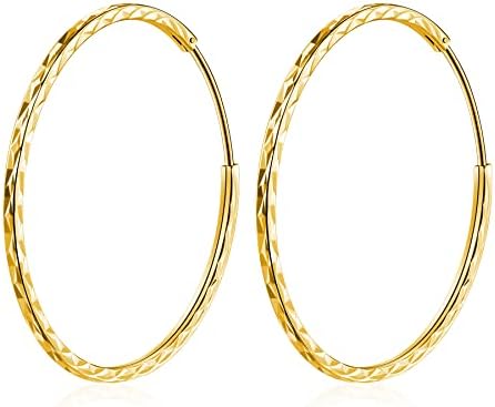 T400 Jewelers 925 Sterling Silver Diamond Cut Sleeper Small Large Hinged Hoop Earrings,Size:25 35 45 55 65mm