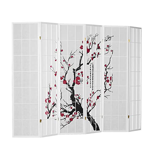 Homestyle4u Paravent 6 teilig Weiß Raumteiler Holz Shoji Reispapier Kirschblüten Shoji