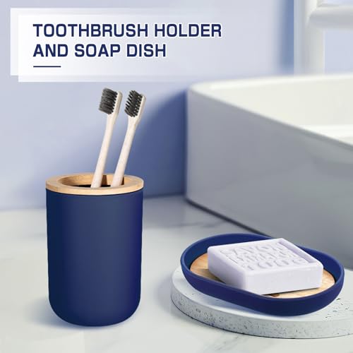KASUNTING Blue Bathroom Accessories Set, 8 Pack Navy Blue Bathroom Decor Accessory Sets Complete with Trash Can, Bamboo Bath Soap Dispenser Toothbrush Holder Set Toilet Brush Qtip Holders Soap Dish - Thumbnail 4