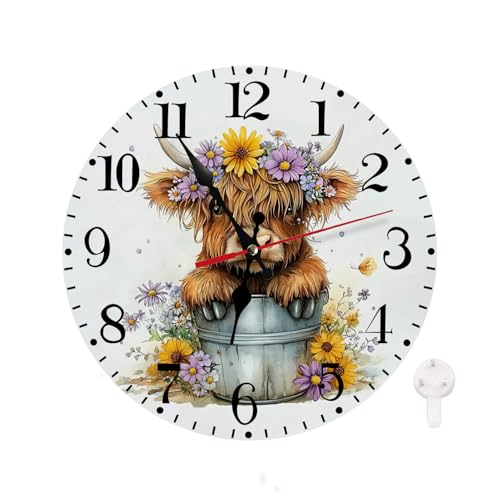 Rurpali Wall Clock, Cute Highland Cow Yellow Purple Flowers Silent Non Ticking Clock, Modern Round