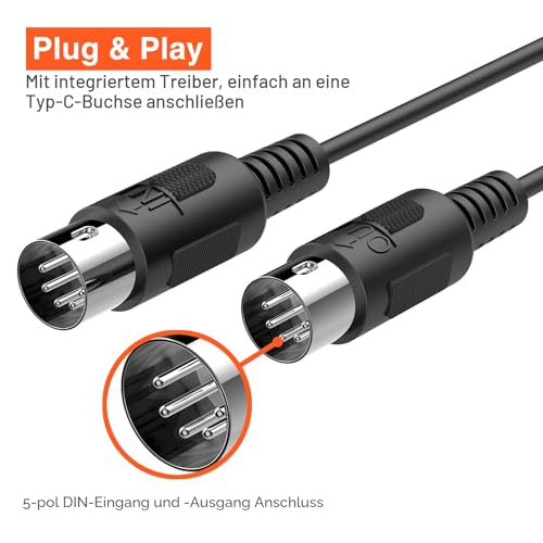 LEKATO Type-C MIDI Kabel Midi type C Kabel Interface Konverter, 5 Polig In Out Midi zu USB Adapter für MIDI Controller/E Piano 6.5FT/2M