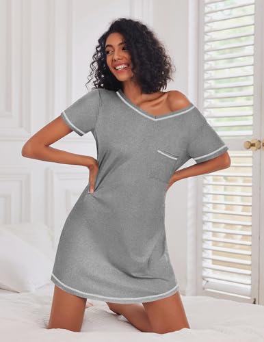 Ekouaer 3 Pack Nightgowns for Women Short Sleeve Sleep Shirts T Shirt Night Gown V Neck Nightshirts Soft Sleepwear Dress