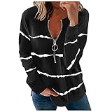 Pullover Femmes Grande Taille Tee Shirt Long Sleeve Travail Pullover Women Mince Automne Zip Zippé avec Elastique Rayures Confortable Cute Shirt