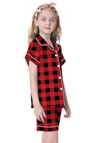 Image of Umeyda Women & Girls Pajamas Set, 2 Piece PJS Satin Silk Sleepwear Button-Down Top with Shorts for Mom Kids Gifts