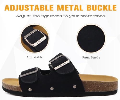 Image of ONCAI Womens Flat Slide Sandals with Arch Support 2 Strap Adjustable Buckle Slip on Slides Shoes Non Slip Rubber Sole