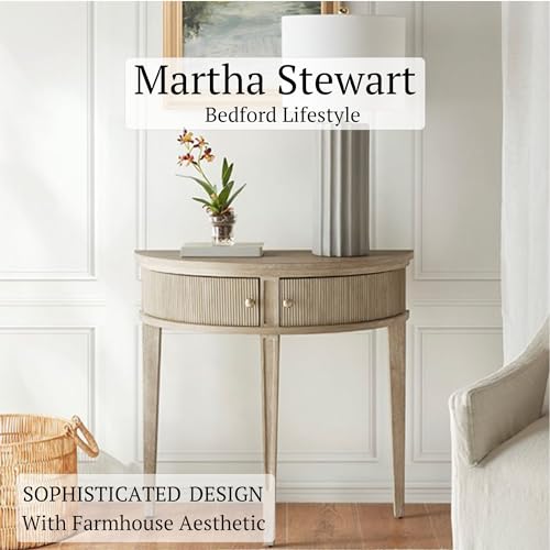 Martha Stewart Crestview Hall Console Table for Entryway with Storage, Solid Rubber Wood Frame, Vintage Demilune Shape, Bronze Knobs, Farmhouse Living Room Furniture Décor, 36" Wide Reclaimed Greige by Martha Stewart - Used condition - Image 2