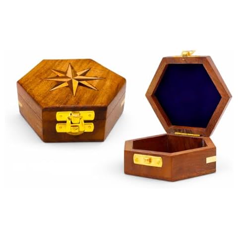 Hexagon Wooden Jewellery & Trinket Box with Brass Star Inlay Cover