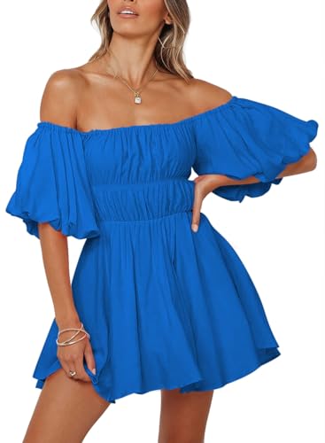 Dokotoo Womens Off The Shoulder Elastic Waist Summer Dresses Blue L