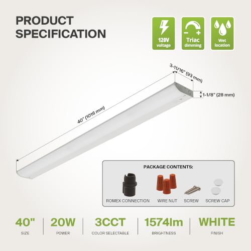 Image of ASD LED Under Cabinet Lighting, 40 inch 20W 1574 LM Dimmable Hardwired Under Cabinet Lights for Kitchen, 3000K Soft /4000K Cool /5000K Daylight, Under Counter Light Fixtures, ETL, White, Bullnose Design