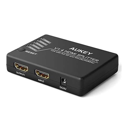 Aukey Boîte de séparation/commutateur HDMI avec 1 entrée et 4 sorties compatible 3D/Full, HD, 1080P et 4 K pour PC, DVD, LCD, PS3, etc.