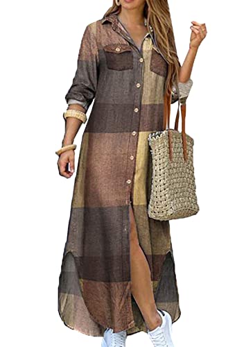 Yming Damen Casual Revers Maxikleid Revers Taste Langes Hemdkleid Lose Teilt Maxikleider Khaki XL