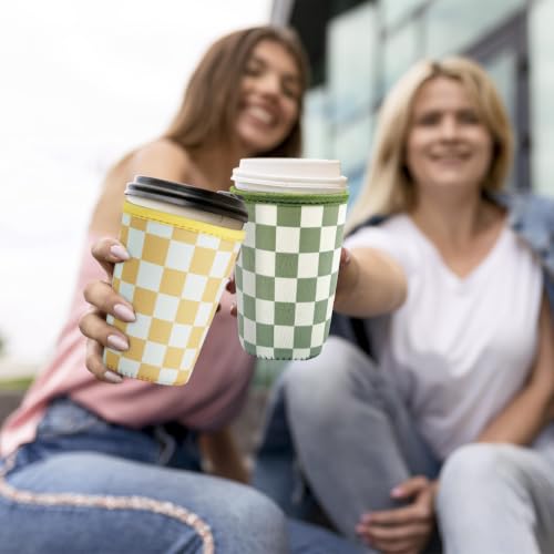 Image of Reusable Insulated Neoprene Iced Coffee Cup Sleeve, Durable Drink Sleeve for Cold Beverages, Beverage Holder for Iced Coffee (Olive Checkers)