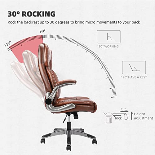 High Back Office Chair- Flip Arms Adjustable Leather Support Task Home Desk Chairs, Executive Computer Desk Chair Work Chairs, Thick Padded Strong Metal Base, Ergonomic Design For Back Pain #TOP3