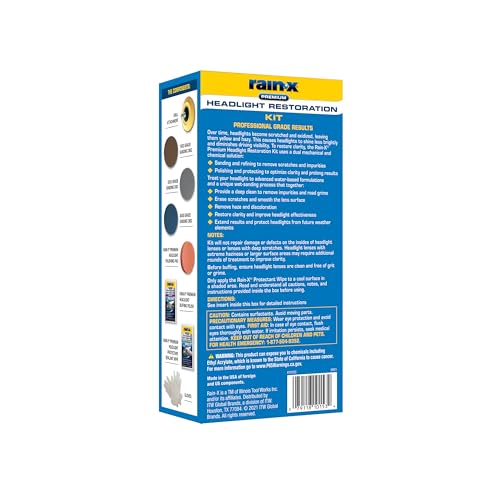 Rain-X 610153 Headlight Restoration Kit - Car Light Lens Cleaner/Restorer with Sanding & Polishing Drill Attachments & Sealant Wipe, Removes Scratches & Oxidation- All in 1 Long Lasting Formula