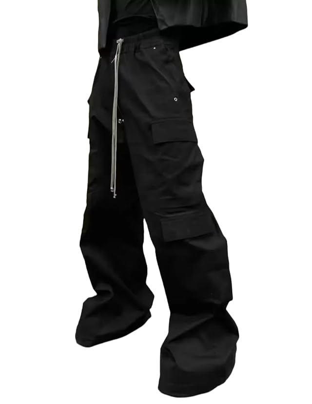 Womens Goth Cargo Pants Unisex Casual Wide Leg Pants Baggy Elastic Waist Drawstring Trousers