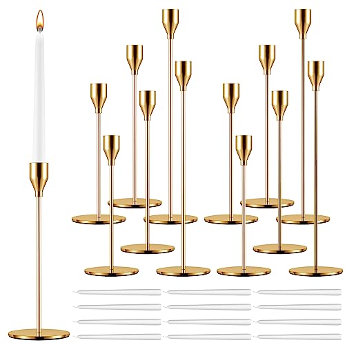 Inbagi El juego de portavelas incluye portavelas cónicos, velas cónicas blancas, velas blancas altas para bodas, cenas, fiestas, aniversarios (dorado, 24 piezas)