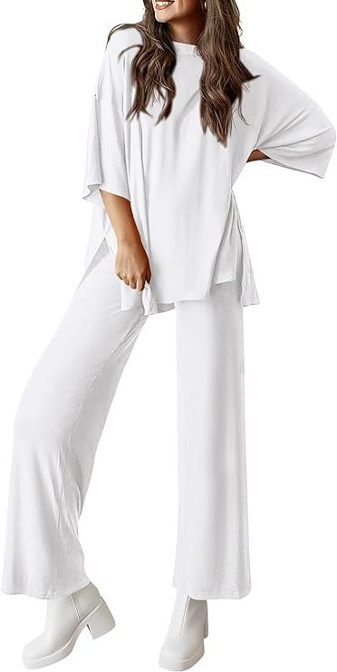 Ensemble décontracté haut de gamme blanc à col rond et pantalon fluide d'automne