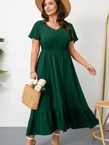 Image of RWJ Women Plus Size Maxi Dress V Neck Short Sleeve Button Trim Split Flowy Tiered Casual Long Dresses 2025 L-3XL