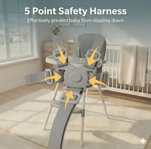 Image of 2 in 1 Convertible Baby Feeding High Chair For Dining | 5 Point Safety Harness | Double Removable Tray | Wide Footrest, Soft Cushion, Compact, Travel Friendly, Lightweight & Sturdy (Dove Grey)
