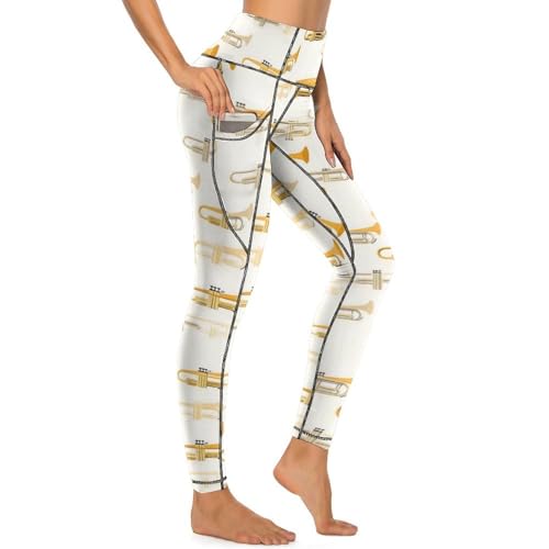 Legging vintage jaune imprimé saxophone à taille haute élastique doté de poches profondes