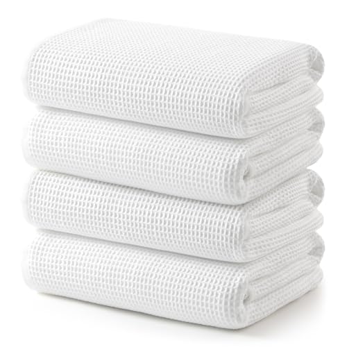 ecolook 4 Piece Waffle Bath Towel Set, 100% Cotton Lightweight & Quick-Dry Bath Towels, Ultra-Absorbent and Breathable, Lint-Free Hotel & Spa Towels for the Bathroom, Gym and Travel - White