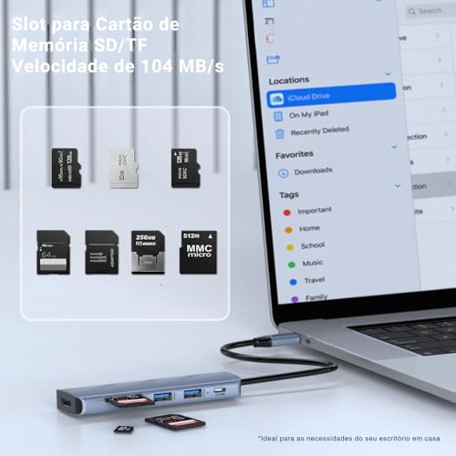 Adaptador Hub USB Tipo C 6 em 1 com HDMI 4K a 60Hz, 2 Portas USB 3.0, Leitor de Cartão SD/TF, Carreg