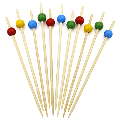 BLUE TOP 100pcs Colorful Wood Pearl Cocktail Picks for Drinks&Food,4.7Inch Fancy Cocktail Toothpicks for Appetizers/Fruit/Cakes/Cheese,Food Picks,Decorative Bamboo picks for July 4th Parties,Bar