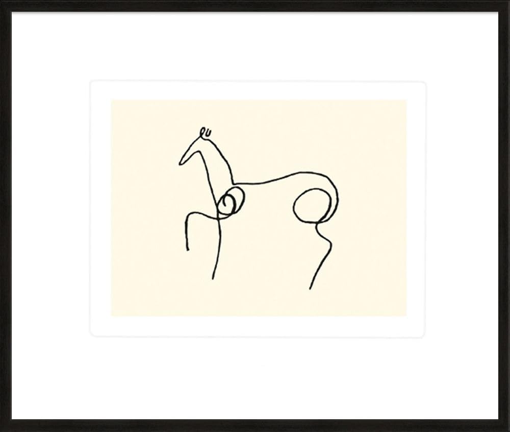 artissimo Bild gerahmt 63x53 cm Pablo Picasso „Pferd“ AG4118 – hochwertiger Siebdruck auf Büttenpapier, Line-Art Strichzeichnung in Schwarz-Weiß