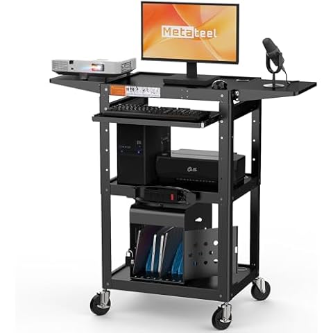 All-Steel Rolling AV Cart with Adjustable Height & Built-in Power – Heavy-Duty Media Workstation with Drop-Leaf Shelves & Wheels for Projectors, Laptops, Printers – Classroom, Office & Studio, Black Cover