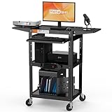 All-Steel Rolling AV Cart with Adjustable Height & Built-in Power – Heavy-Duty Media Workstation with Drop-Leaf Shelves & Wheels for Projectors, Laptops, Printers – Classroom, Office & Studio, Black