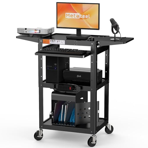 All-Steel Rolling AV Cart with Adjustable Height & Built-in Power – Heavy-Duty Media Workstation with Drop-Leaf Shelves & Wheels for Projectors, Laptops, Printers – Classroom, Office & Studio, Black