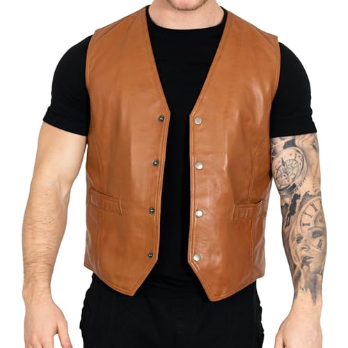 Image of BRICK LANE Men's Leather Vest | V-Neck Western Design Waistcoat with 4 Pockets - Lamb Nappa Leather Lightweight Jacket