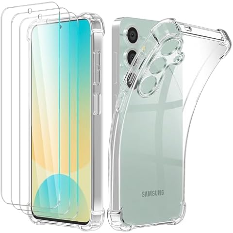 Jasmease for Samsung Galaxy S24 FE Case with Screen Protector [3 Pack], Crystal Clear Bumper Shockproof Phone Case Flexible TPU Silicone Cover for Galaxy S24 FE-Transparent Cover
