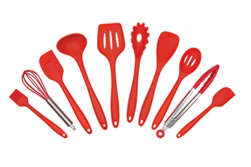 Silicone Kitchen Cooking Utensils W Bamboo Holder- 10 Pc Gourmet Non-Stick, Heat Resistant, Kitchen Tools Set- Spatula, Spoon, Slotted Spoon, Tongs, Basting Brush, Ladle And More #TOP1