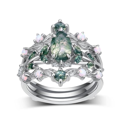 Natural Moss Agate Engagement Ring Set for Women, 10K 14K 18K Gold Marquise Cut Green Moss Agate Leaf Wedding Band Bridal Ring Set Ring Guards for Women Loose Rings Jewelry Gifts