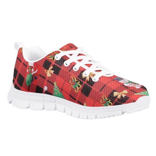 Red Ugly Christmas Buffalo Plaid Print Kid Girls Running Sports Sneakers Cute Casual Walking Shoes with White Outsole Tennis Shoes