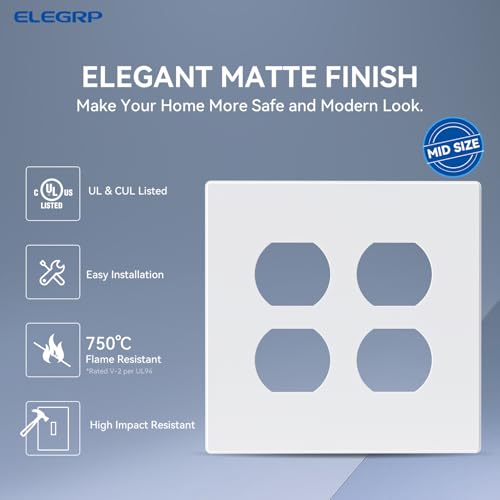ELEGRP 2-Gang Screwless Duplex Wall Plates, Mid-Size Unbreakable Thermoplastic Faceplate Cover for Duplex & Combination Receptacle Wall Outlet & Toggle Switch, UL Listed (10 Pack, Matte White) by ELEGRP - Image 2