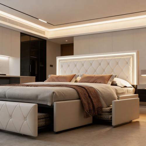 Miniatura 8 de Brilverde Cama Tapizada 160x200 Con Almacenamiento, Led, Cama Doble Con Cabecero Ajustable, Con 4 Cajones, Cama Juvenil Con Base De Láminas, Para Adultos, Pu Beige, 160 X 200 Cm