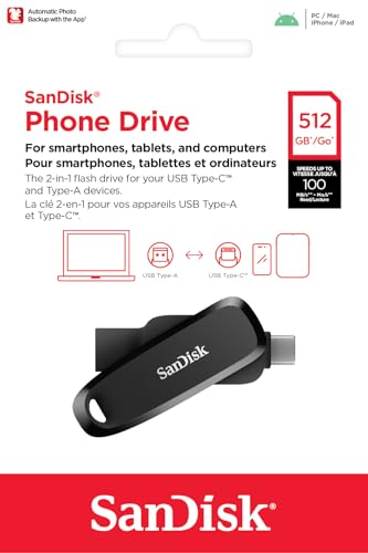 Image of SanDisk Phone Drive, 512GB USB Flash Drive (2-in-1 Phone Storage, Reversible USB Type-C and USB Type-A connectors, for Smartphones, Tablets, Mac, Computers) Automatic Backup, Rescue PRO Deluxe, Black
