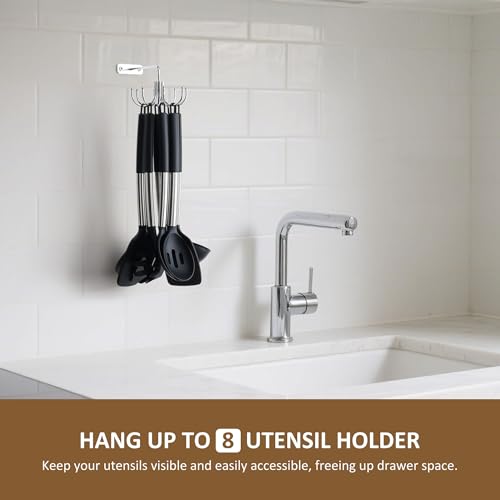 ZEDODIER Kitchen Cooking Utensil Holder, 360° Rotating Kitchen Hooks for Hanging Utensils, Heavy Duty Metal Utensil Rack with 8 Storage Capacity for Utensil, Towel, Pot, Glove, Aprons, Silver - Thumbnail 2